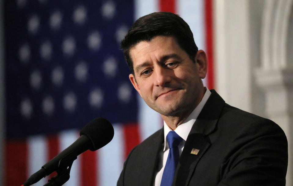 Retiring U.S. Speaker of the House Paul Ryan pauses as he delivers his farewell address in the Great Hall of the Library of Congress in Washington, U.S., December 19, 2018.   REUTERS/Jonathan Ernst