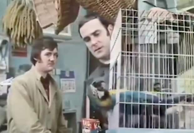 Michael Palin, left, plays a shopkeeper who sold John Cleese, right, a parrot that appears to have died in Monty Python's iconic 1969 'dead parrot' sketch. References to the skit have been removed from a B.C. Supreme Court judgment. (Monty Python/Facebook - image credit)