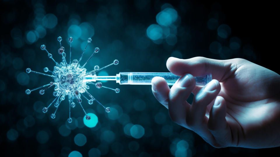 A person holding a syringe filled with a vaccine, implying the companys impact on health and wellbeing.