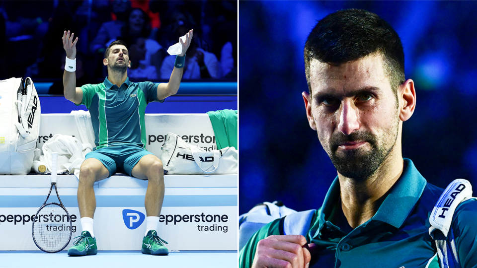 Novak Djokovic gestures to the crowd and Djokovic walks off the court.