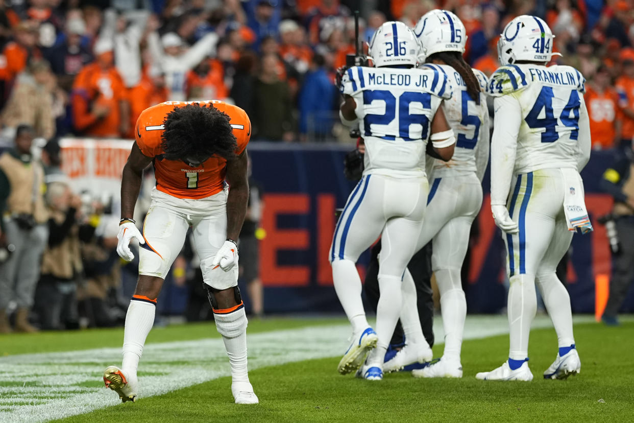 Denver Broncos wide receiver KJ Hamler (1) reacts after the final play of a 12-9 loss. (AP Photo/Jack Dempsey)