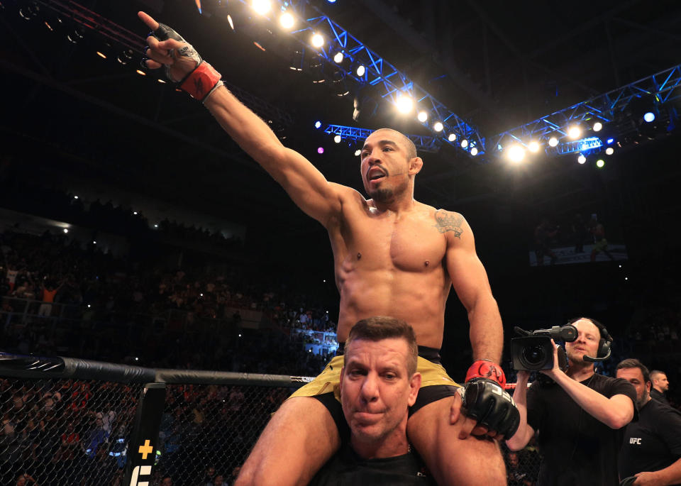 FORTALEZA, BRAZIL - FEBRUARY 02:  Jose Aldo of Brazil celebrates after his knockout victory over Renato Moicano of Brazil in their featherweight fight during the UFC Fight Night event at CFO Centro de Formacao Olimpica on February 2, 2019 in Fortaleza, Brazil. (Photo by Buda Mendes/Zuffa LLC/Zuffa LLC via Getty Images)