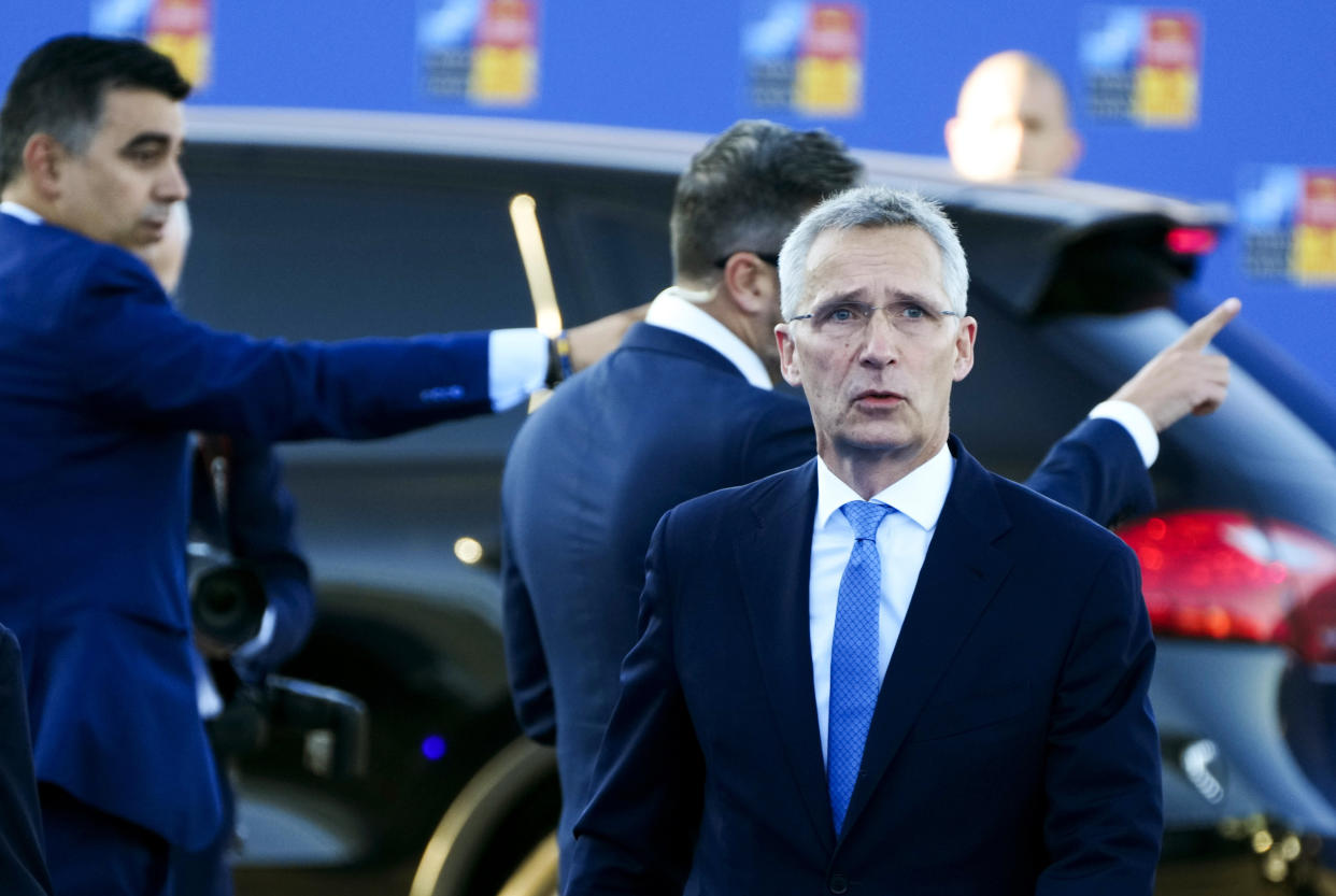 NATO Secretary General Jens Stoltenberg arrives for a NATO summit in Madrid, Spain on Wednesday, June 29, 2022. (AP Photo/Paul White)