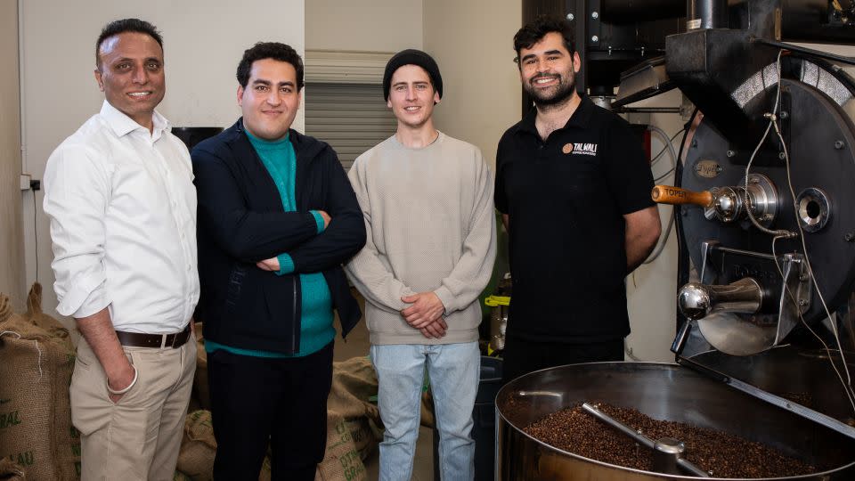 From left to right, RMIT University researchers Dr. Rajeev Roychand, Dr. Mohammad Saberian and Dr .Shannon Kilmartin-Lynch, with Jordan Carter, co-founder of the Talwali Coffee Roasters. - Carelle Mulawa-Richards, RMIT University