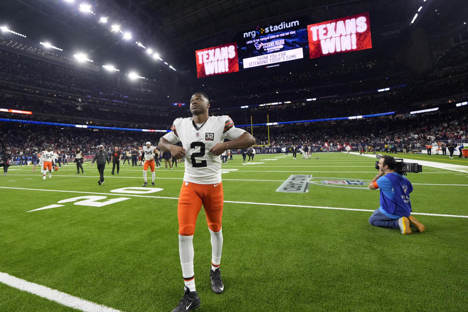 Cleveland Browns wide receiver Amari Cooper leaves the field after their loss against the Houston Texans in an NFL wild-card playoff football game Saturday, Jan. 13, 2024, in Houston. (AP Photo/David J. Phillip)