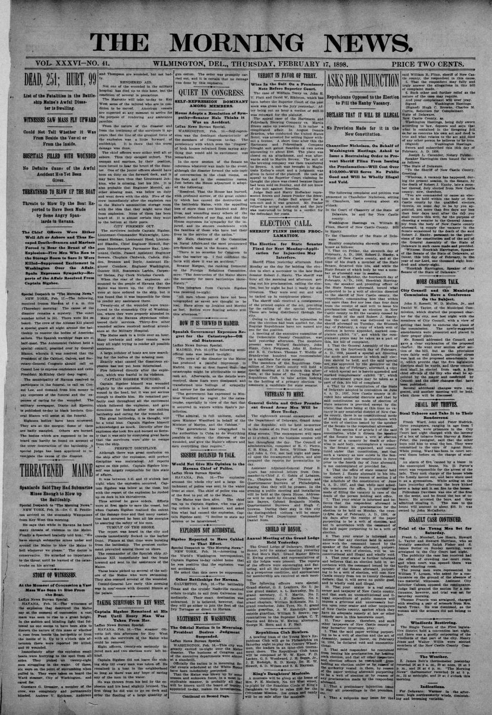 Front page of The Morning News from Feb. 17, 1898.