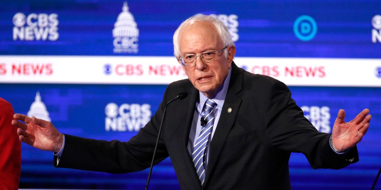 Democratic presidential candidates Sen. Bernie Sanders, I-Vt., speaks during a Democratic presidential primary debate at the Gaillard Center, Tuesday, Feb. 25, 2020, in Charleston, S.C., co-hosted by CBS News and the Congressional Black Caucus Institute. (AP Photo/Patrick Semansky)