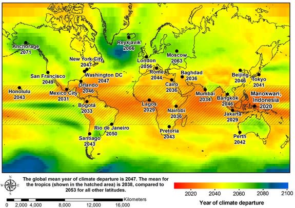 Estimated dates of coming climate extremes under the RCP8.5 model, which projects today's levels of carbon dioxide emissions continuing through 2100.