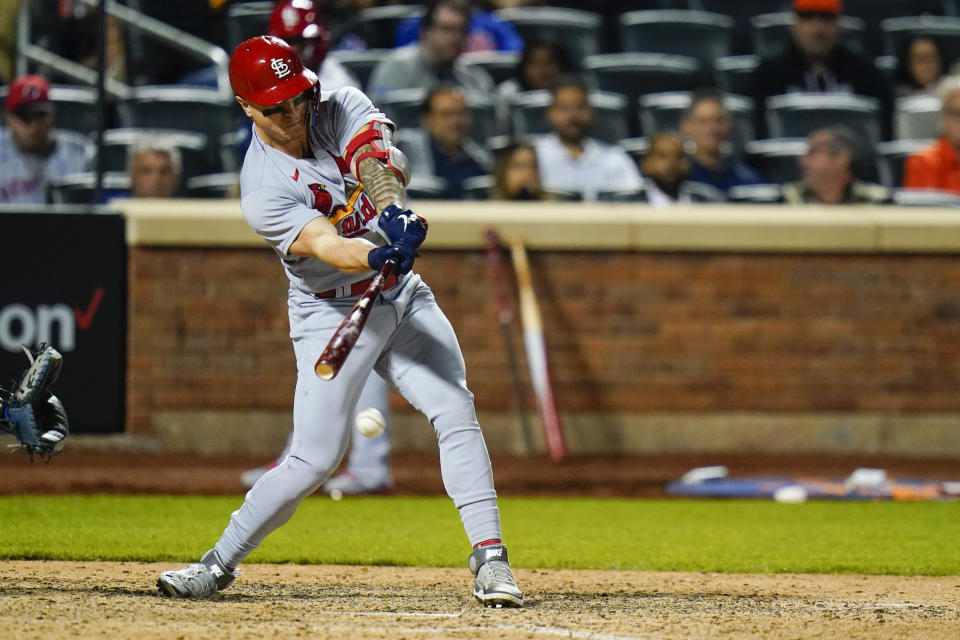 St. Louis Cardinals' Tyler O'Neill hits an RBI during the ninth inning in the second baseball game of a doubleheader against the New York Mets Tuesday, May 17, 2022, in New York. (AP Photo/Frank Franklin II)