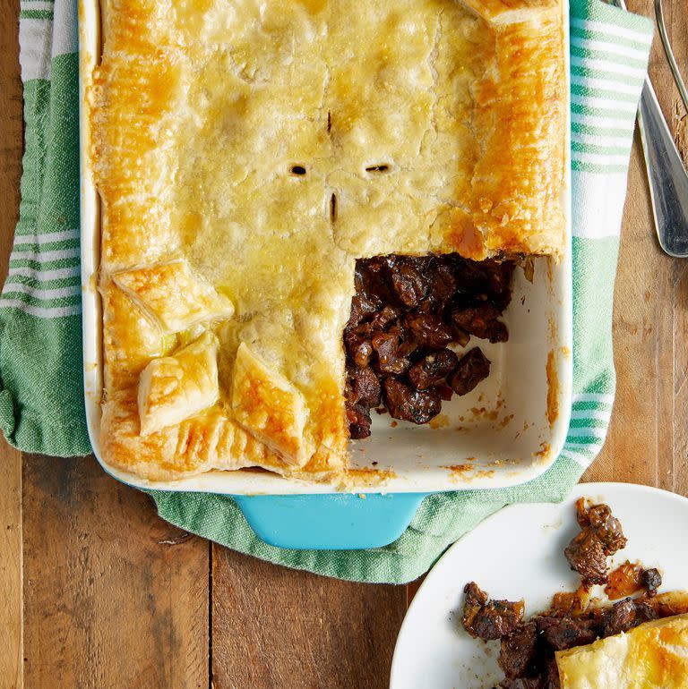 <p>For the ultimate pie you need a good beef stock, flavoured with Worcestershire sauce, and some plain flour to thicken it up. Some people use stout or ale, but we've omitted this as we think it tastes great without. </p><p>Get the <a href="https://www.delish.com/uk/cooking/recipes/a30148153/steak-and-kidney-pie/" rel="nofollow noopener" target="_blank" data-ylk="slk:Steak And Kidney Pie;elm:context_link;itc:0;sec:content-canvas" class="link ">Steak And Kidney Pie</a> recipe. </p>