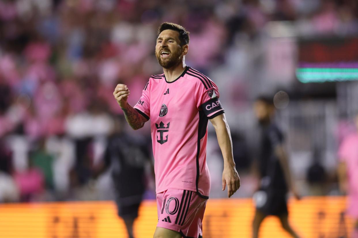 Inter Miami CF forward Lionel Messi reacts in the first half against Nashville SC at Chase Stadium.