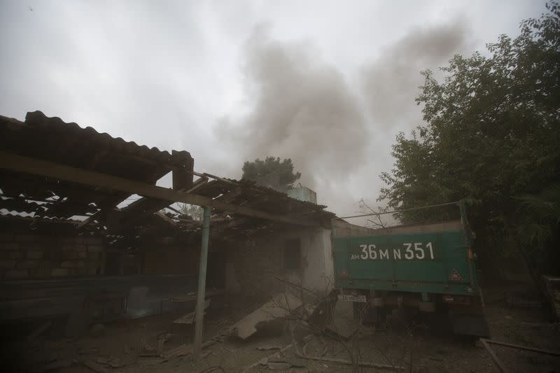 A house, which locals said was damaged during a recent shelling by Azeri forces, is pictured at the town of Martuni in the breakaway region of Nagorno-Karabakh