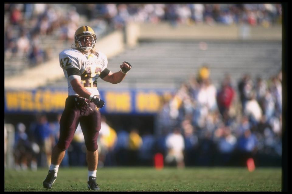 Pat Tillman of the Arizona State Sun Devils celebrates during a game against the UCLA Bruins at the Rose Bowl in Pasadena, California, on 12 October 1996 (Getty)