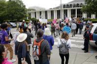 Abortion rights supporters march on the General Assembly following a rally at Bicentennial Plaza put on by Planned Parenthood South Atlantic in response to a bill before the North Carolina Legislature, Wednesday, May 3, 2023, in Raleigh, N.C. (AP Photo/Karl B DeBlaker)