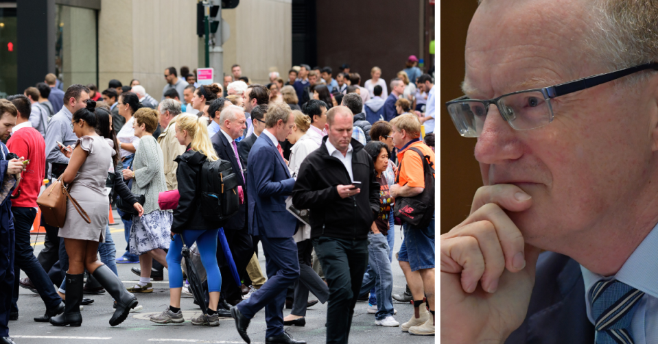 A busy crosswalk in Sydney's CBD and RBA Governor Philip Lowe