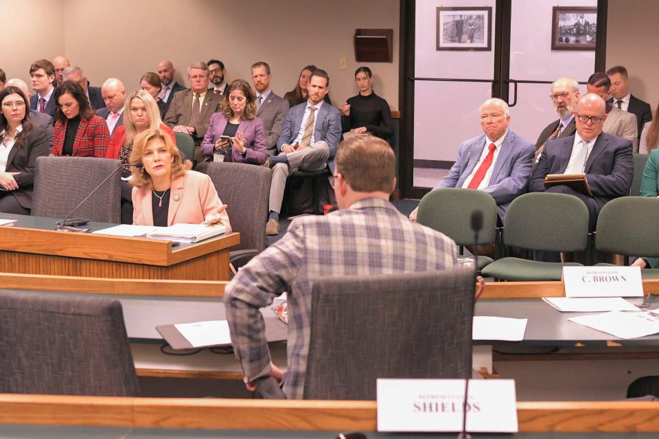Rep. Brenda Shields, R-St. Joseph, answers questions in a committee hearing concerning her child care legislation.