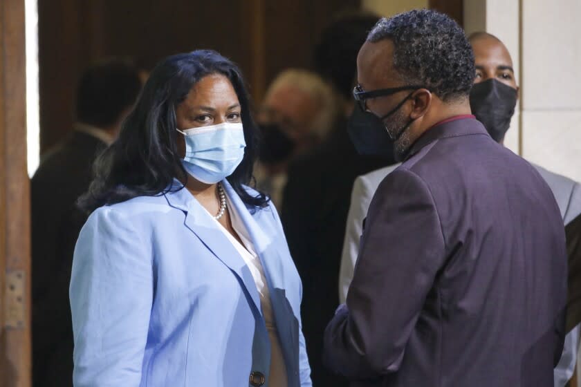 Los Angeles, CA - August 30: Heather Hutt, left, whose appointment as an interim council member for the 10th District, failed to receive the 10 votes required for a public hearing at City Hall on Tuesday, Aug. 30, 2022 in Los Angeles, CA. (Irfan Khan / Los Angeles Times)