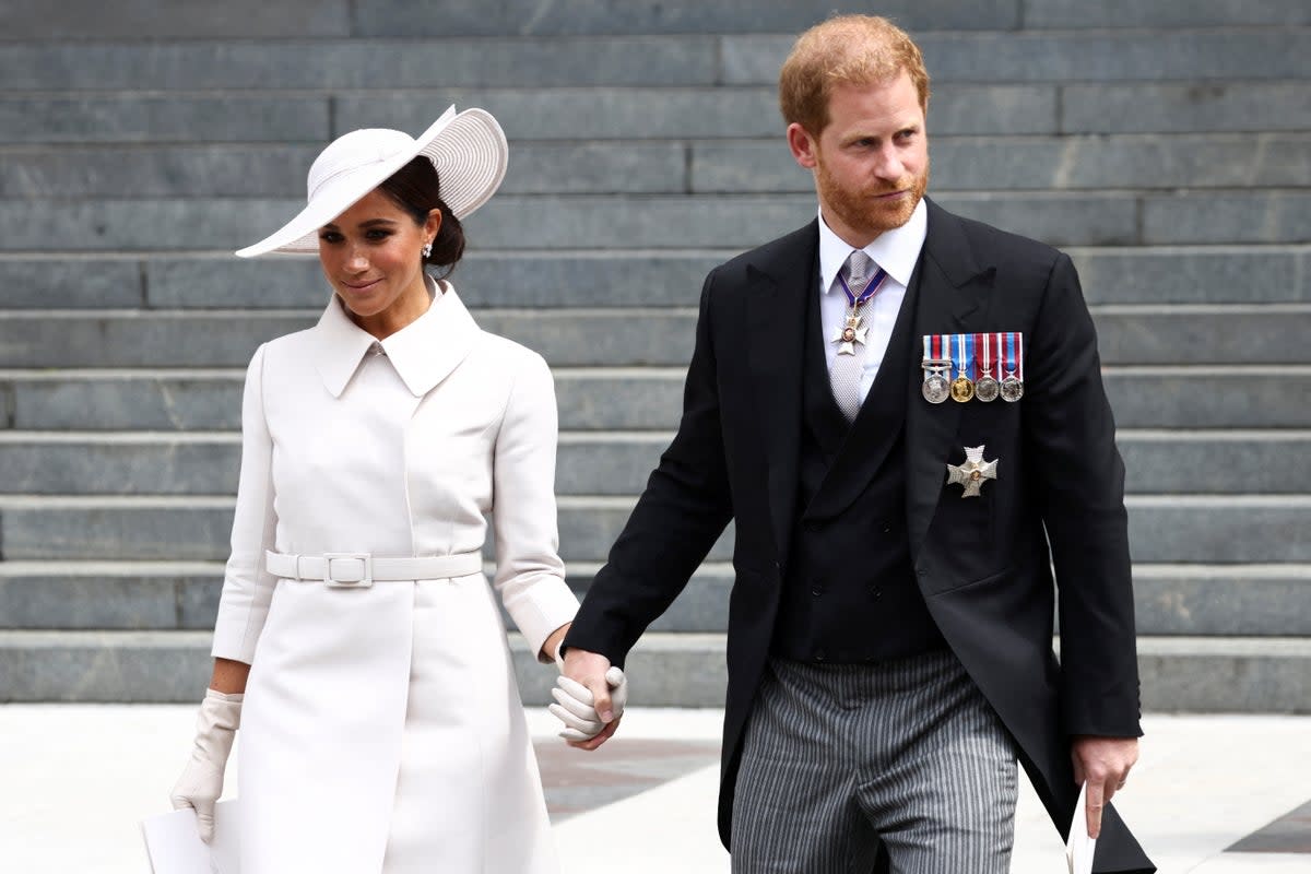 The Duke and Duchess of Sussex leaving following the National Service of Thanksgiving at St Paul’s Cathedral, London, on day two of the Platinum Jubilee celebrations for Queen Elizabeth II (Henry Nicholls/PA) (PA Wire)