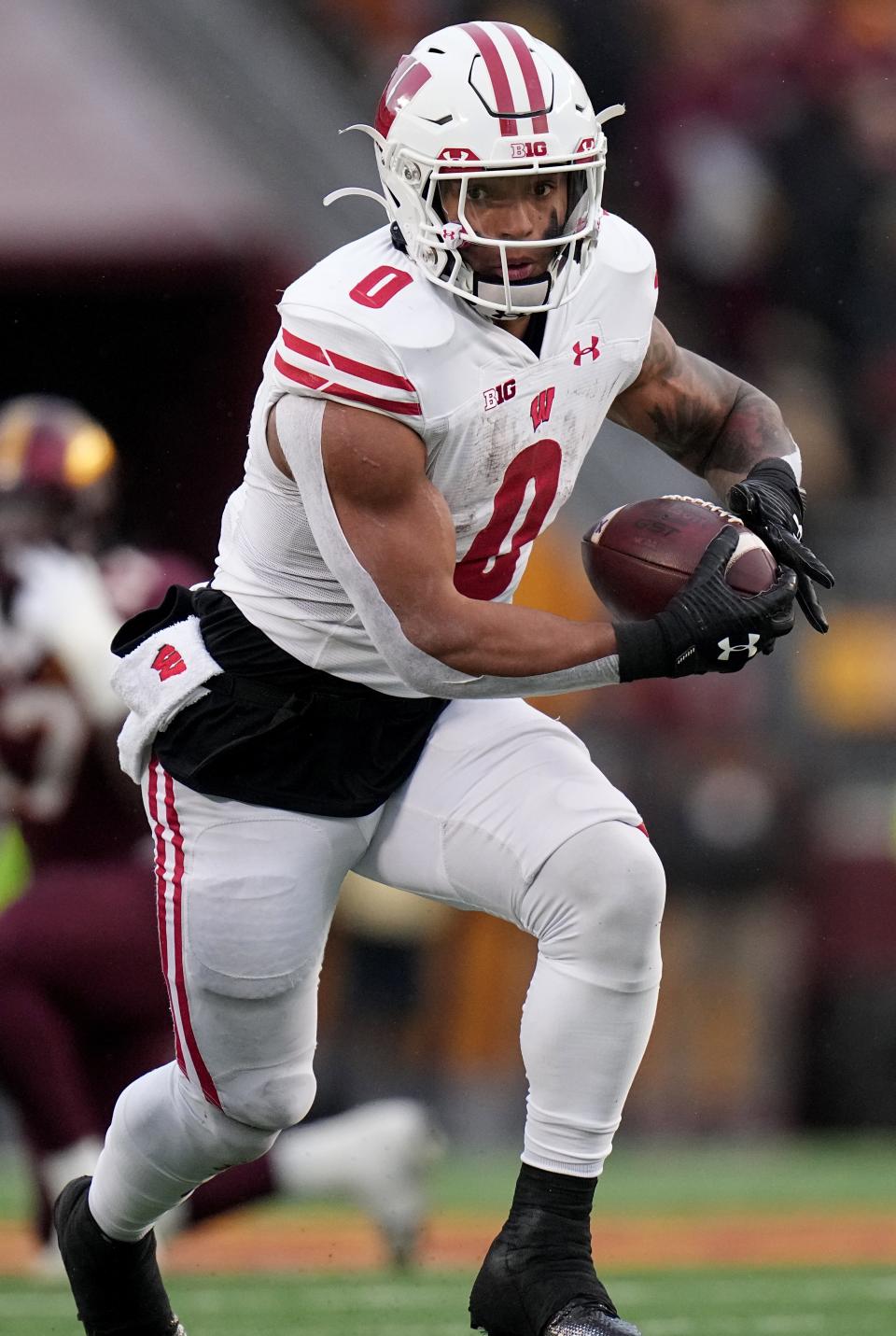 Wisconsin running back Braelon Allen (0) makes a reception during the second quarter of their game Saturday, November 25, 2023 at Huntington Bank Stadium in Minneapolis, Minnesota. Wisconsin beat Minnesota 28-14.