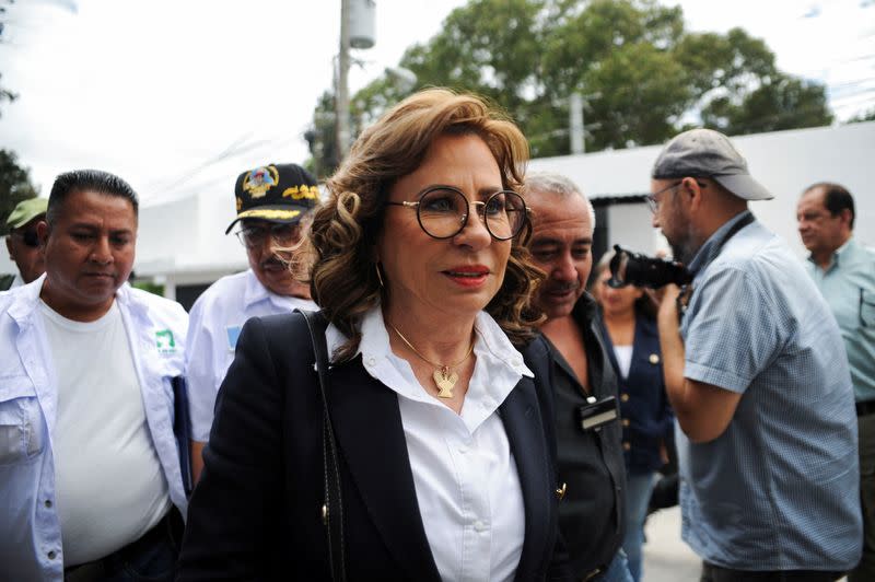 Presidential candidate Sandra Torres attends a meeting with Guatemalan veterans in Guatemala City