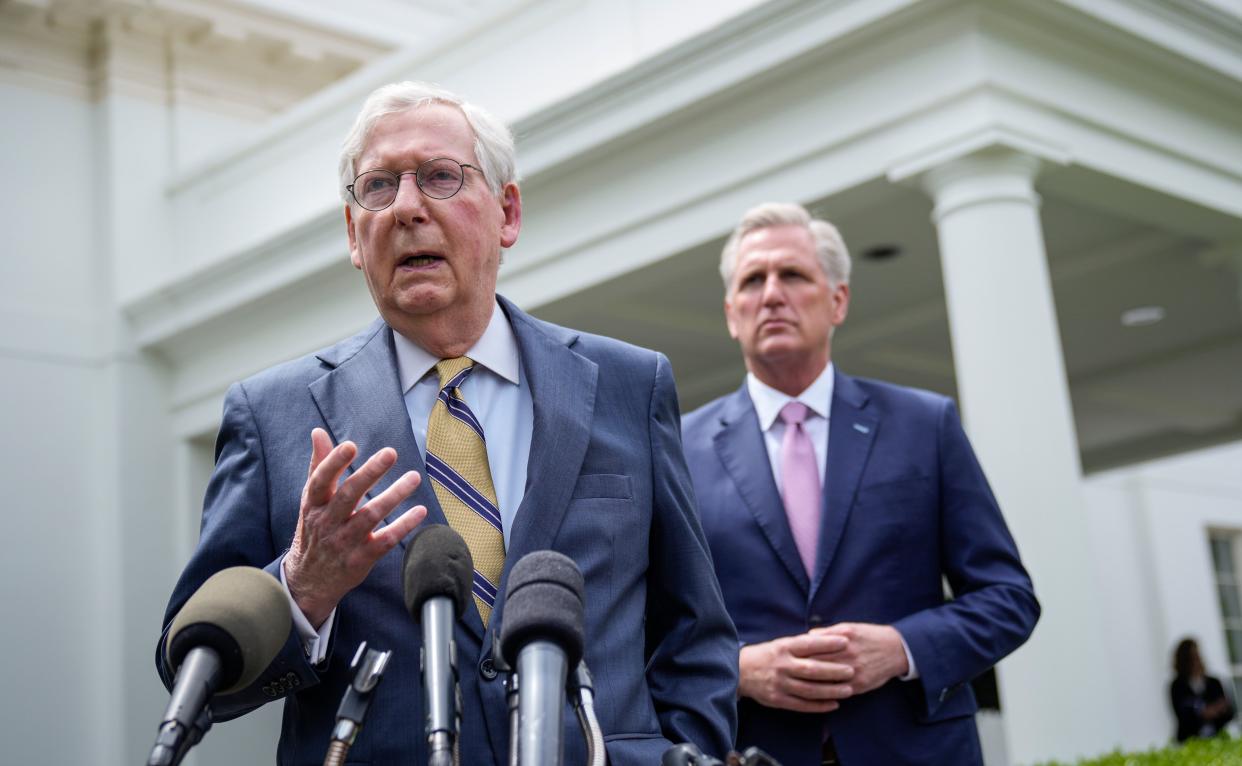 Senate Minority Leader Mitch McConnell (R-Ky.), left, and House Minority Leader Kevin McCarthy (R-Calif.) address reporters outside the White House after their Oval Office meeting with President Joe Biden on Wednesday. (Photo: Drew Angerer via Getty Images)