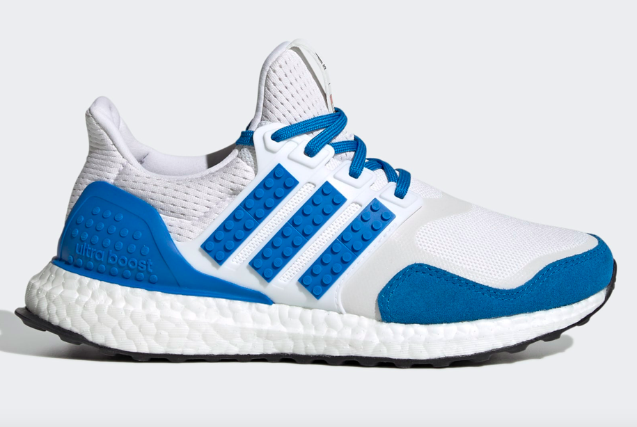 adidas Ultraboost DNA x Lego Colors running shoes in Cloud White/Shock Blue/Cloud White. - Credit: Courtesy of Adidas