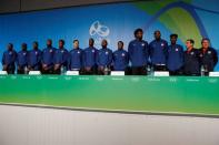 Aug 4, 2016; Rio de Janeiro, Brazil; USA players poses for a photo after a press conference during the Rio 2016 Summer Olympic Games at Main Press Center. Mandatory Credit: Andrew P. Scott-USA TODAY Sports