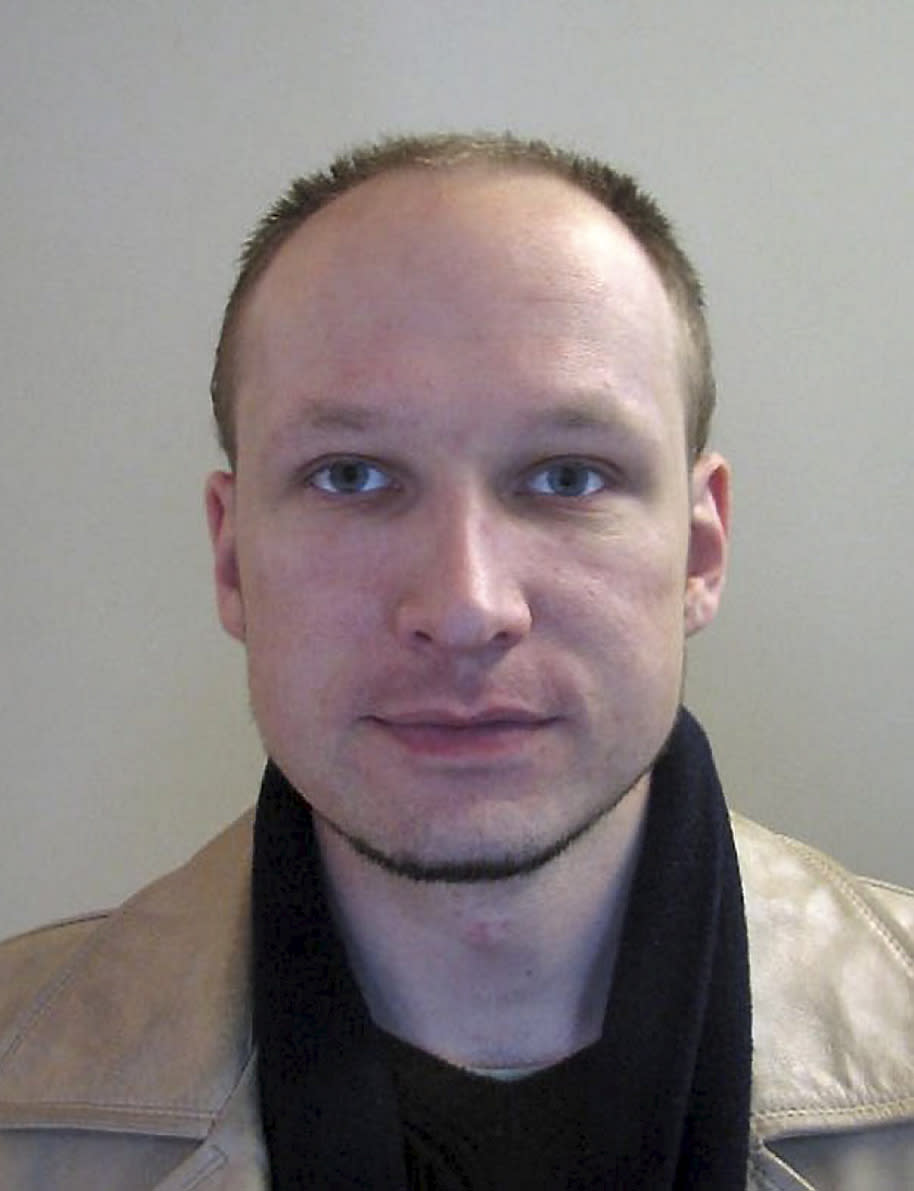 FILE - This 2009 file image issued by Norwegian police on Oct. 28, 2011, shows confessed mass killer Anders Behring Breivik in a passport photo. Breivik gunned down dozens of youths at a summer camp in Norway.Two atrocities in the space of the year, coming from opposite ends of the spectrum, are raising fears across Europe that a growing climate of ethnic and religious hostility is inspiring extremist violence, and creating the conditions for deadly clashes. (AP Photo/Norwegian Police via Scanpix Norway, File) NO SALES