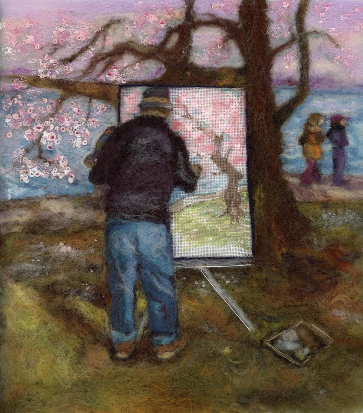 "En Plein Air" by Christine Blomquist. This work was needle felted with dyed wool onto linen.