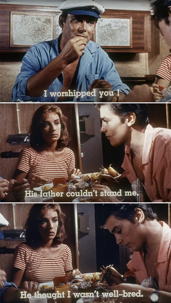 First image: A man wearing a cap is eating and speaking. Second image: A woman in a striped shirt looks at a man while eating. Third image: The man speaks while eating