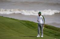 Team Europe's Tommy Fleetwood looks over a shot on the seventh hole during a practice day at the Ryder Cup at the Whistling Straits Golf Course Wednesday, Sept. 22, 2021, in Sheboygan, Wis. (AP Photo/Jeff Roberson)