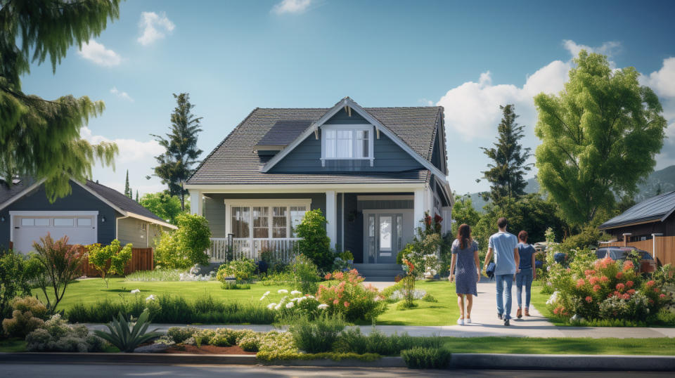 A suburban home with people walking in front, representing the protection provided by the Property & Casualty Insurance.