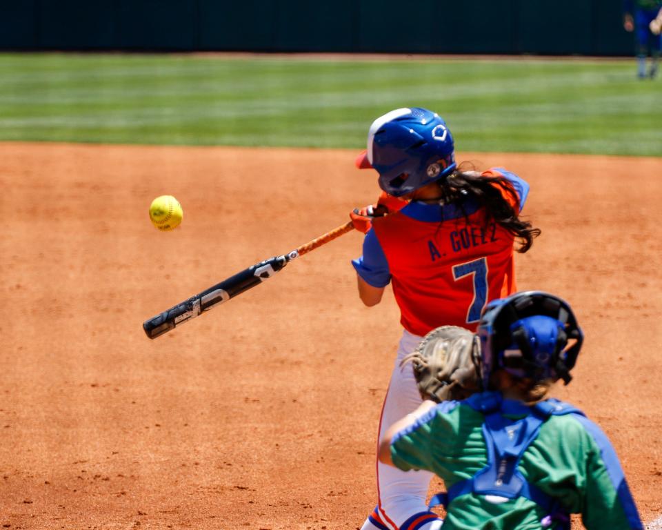 Florida Gators' first baseman and outfielder Avery Goelz (7) hits for the Gators as they play Florida Gulf Coast University on May 7, 2022 at Katie Seashole Pressly Stadium in Gainesville, Florida.