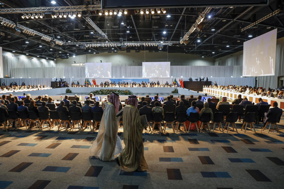 A general view of delegates attending a meeting during the 2023 BRICS Summit at the Sandton Convention Centre in Johannesburg Thursday, Aug. 24, 2023. (Marco Longari/Pool via AP)