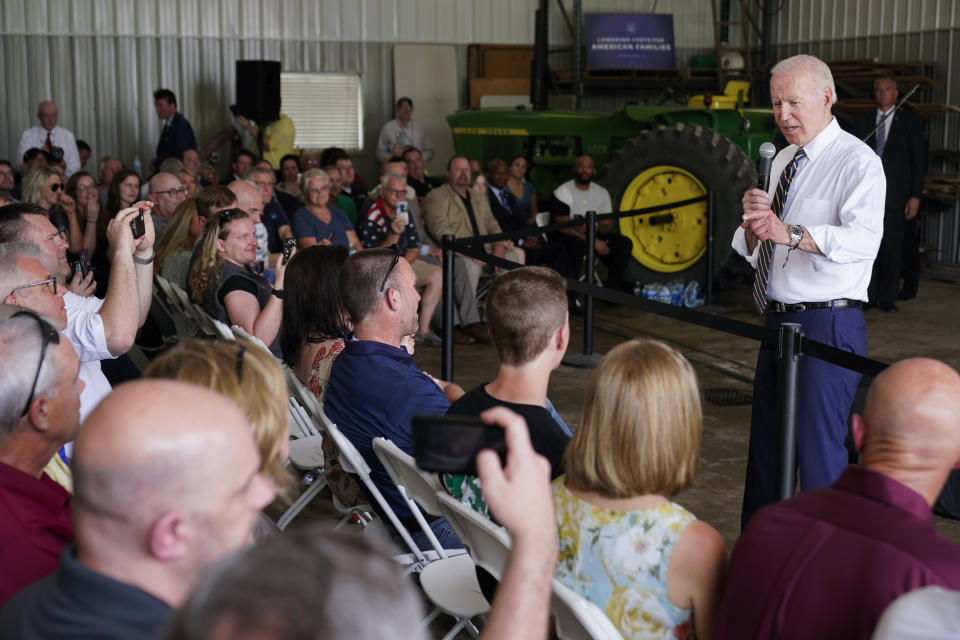 FILE - President Joe Biden speaks during a visit to O'Connor Farms, Wednesday, May 11, 2022, in Kankakee, Ill. While the primaries are testing Trump’s grip on the GOP, they’re also serving as a barometer of Biden’s ability to shape the Democratic Party. (AP Photo/Andrew Harnik, File)