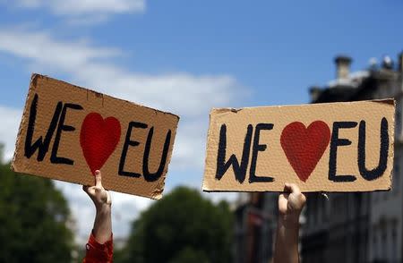 People hold banners during a 'March for Europe' demonstration against Britain's decision to leave the European Union, in central London, Britain July 2, 2016. REUTERS/Neil Hall