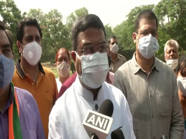 Union Minister Dharmendra Pradhan speaking to reporters in Delhi on Wednesday. [Photo/ANI]