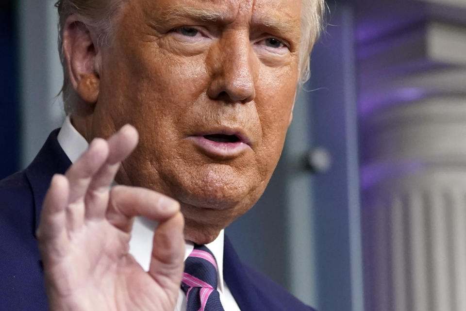 President Donald Trump speaks during a news conference in the James Brady Press Briefing Room of the White House, Friday, Sept. 18, 2020, in Washington. (AP Photo/Alex Brandon)