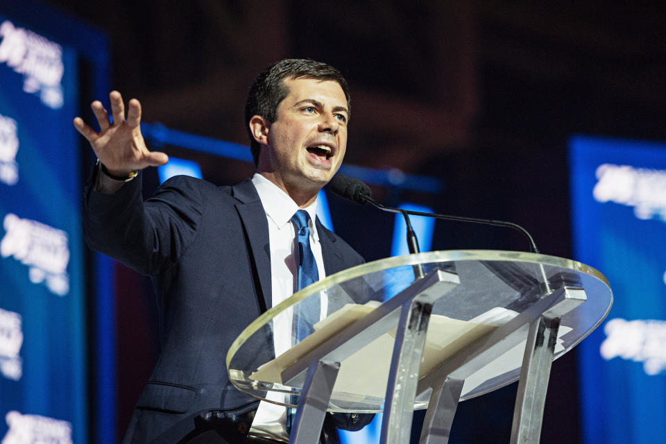 FILE - In this July 7, 2019, file photo, Democratic presidential candidate and South Bend, Ind., Mayor Pete Buttigieg speaks at the Essence Festival at the Ernest N. Morial Convention Center in New Orleans. Former vice president Joe Biden and Buttigieg represent the generational poles of the crowded Democratic presidential primary. Biden is hoping Democratic voters see his decades of experience as the remedy for Trump’s presidency. Buttigieg argues that the moment calls for the energy of a new generation. (Photo by Amy Harris/Invision/AP, File)