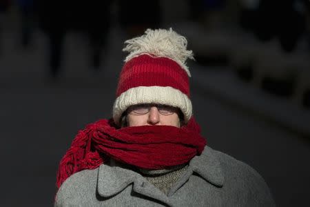 A woman walks in the cold and wind as on Wall Street in New York's financial district January 8, 2015. REUTERS/Brendan