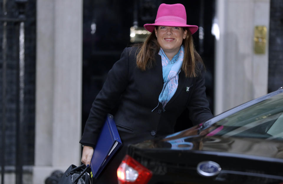 Britain's Minister of State for Immigration Caroline Nokes arrives to attend a cabinet meeting at Downing Street in London, Tuesday, Jan. 15, 2019. Britain's Prime Minister Theresa May is struggling to win support for her Brexit deal in Parliament. Lawmakers are due to vote on the agreement Tuesday, and all signs suggest they will reject it, adding uncertainty to Brexit less than three months before Britain is due to leave the EU on March 29. (AP Photo/Kirsty Wigglesworth)