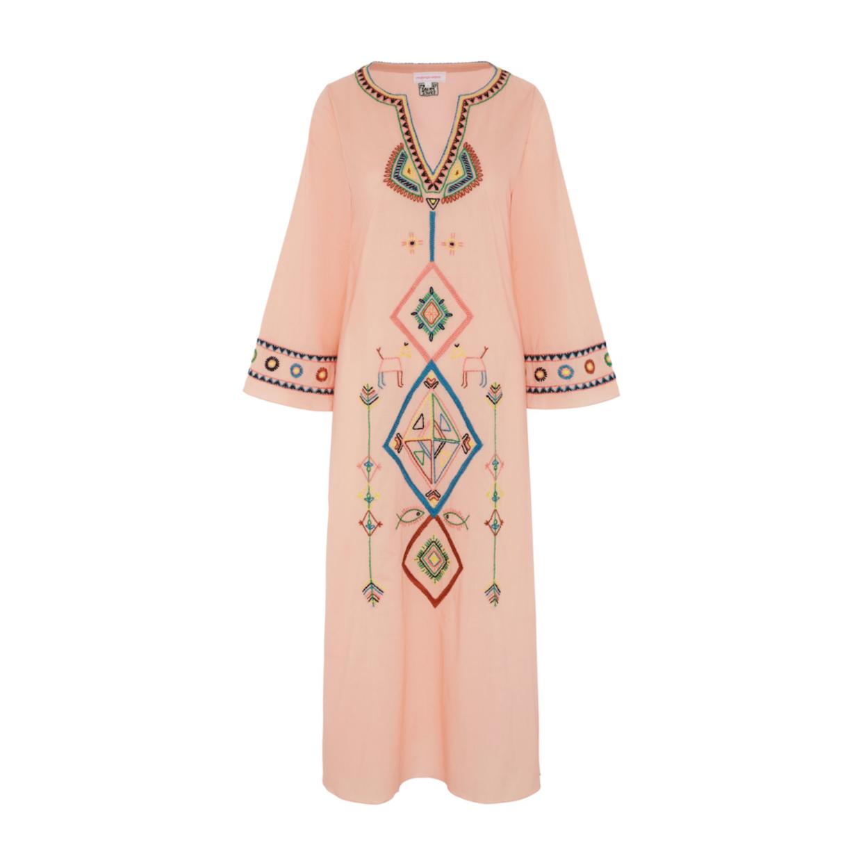 <p><a href="https://muzungusisters.com/collections/dresses/products/india-kaftan-peach" rel="nofollow noopener" target="_blank" data-ylk="slk:Shop Now;elm:context_link;itc:0;sec:content-canvas" class="link rapid-noclick-resp">Shop Now</a></p><p>India Kaftan Peach</p><p>£590.00</p><p>muzungusisters.com</p>