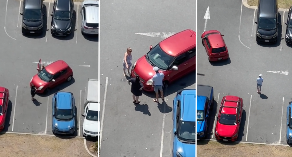 Three images. All show a red car trying to drive front first into an empty car spot, which is being blocked by a woman standing, wearing black. A man in a white cap, who appears to be with the woman in black, comes to help block the driver trying to park. 