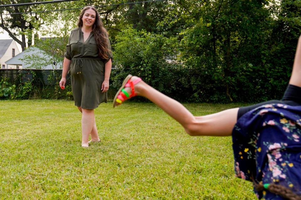 Dana Demeter, 39, of Berkley, and her daughter Frankie Demeter, 6, of Berkley, in their home on Tuesday, Aug. 1, 2023. "As my daughter was getting older, I could see some of my issues coming out," Dana said. Not wanting to pass on disordered eating messages, Demeter sought therapy to heal her relationship with food. She said "seeing a child be so in tune with their emotions and shortcoming" inspires her.