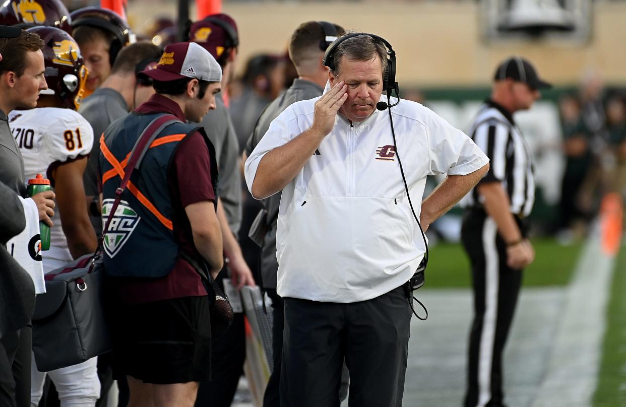 Sep 1, 2023; East Lansing, Michigan, USA;  Central Michigan Chippewas head coach Jim McElwain reacts to a big play by the Michigan State Spartans in the second quarter at Spartan Stadium. Mandatory Credit: Dale Young-USA TODAY Sports