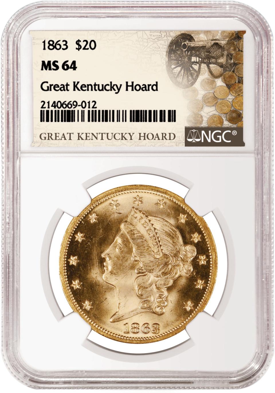 A gold Liberty coin from 1863 in a case labeled “Great Kentucky Hoard.”