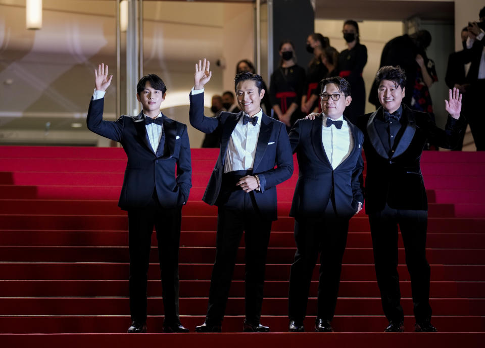FILE - In this July 16, 2021 file photo Yim Si-wan, from left, Lee Byung-hun, director Han Jae-rim, and Song Kang-ho pose for photographers upon arrival at the premiere of the film 'Emergency Declaration' at the 74th international film festival, Cannes, southern France. (AP Photo/Vadim Ghirda, File)