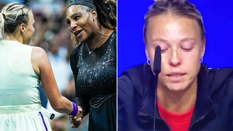 Anett Kotaveit, pictured here breaking down in tears after her loss to Serena Williams at the US Open. 