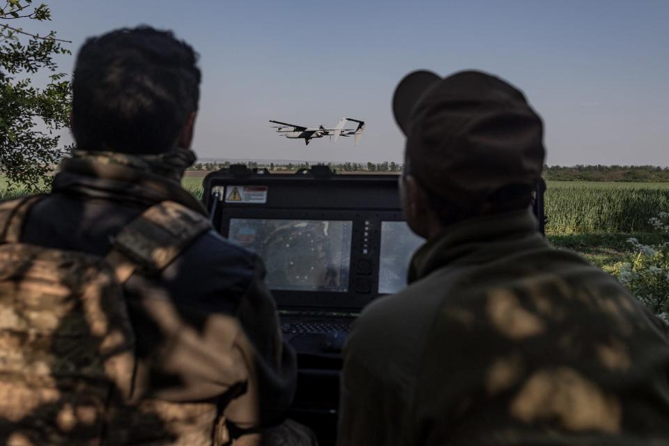 Ukrainian soldiers operate a drone during the training of the 22nd Brigade in the Donetsk region, Ukraine