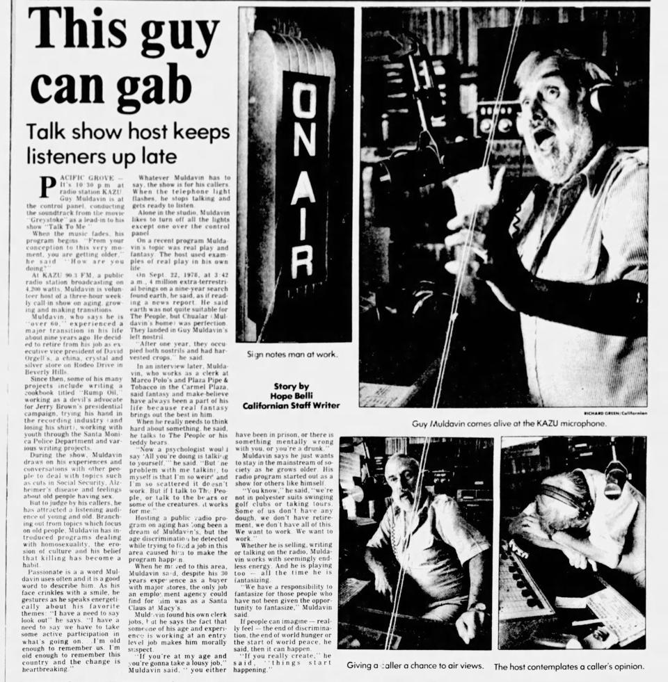 In 1985, Guy Rockwell Muldavin was the subject of a profile by The Californian for his radio show on KAZU in Pacific Grove.